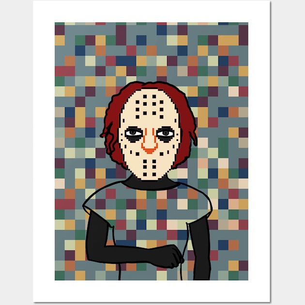 Kain - Pixelated Female Character with Dark Eyes and Gray Pixel Accent Wall Art by Hashed Art